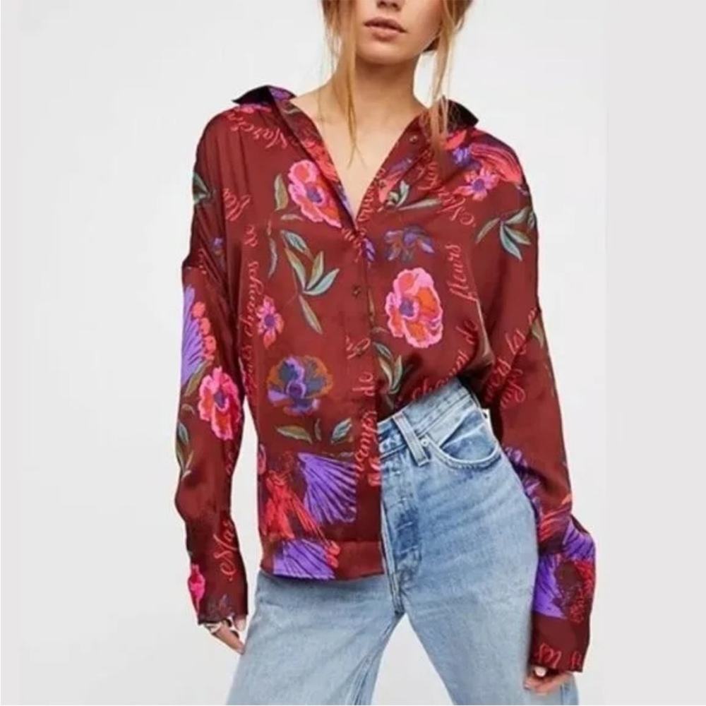 Free People Floral Blouse - Burgundy and Purple